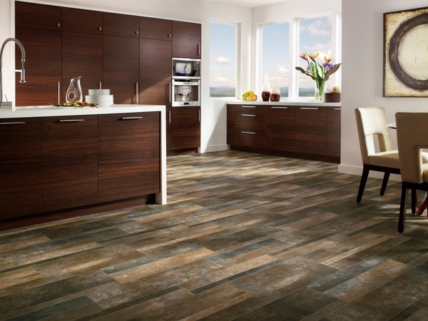 modern home flooring wood finish linoleum dark cabinets