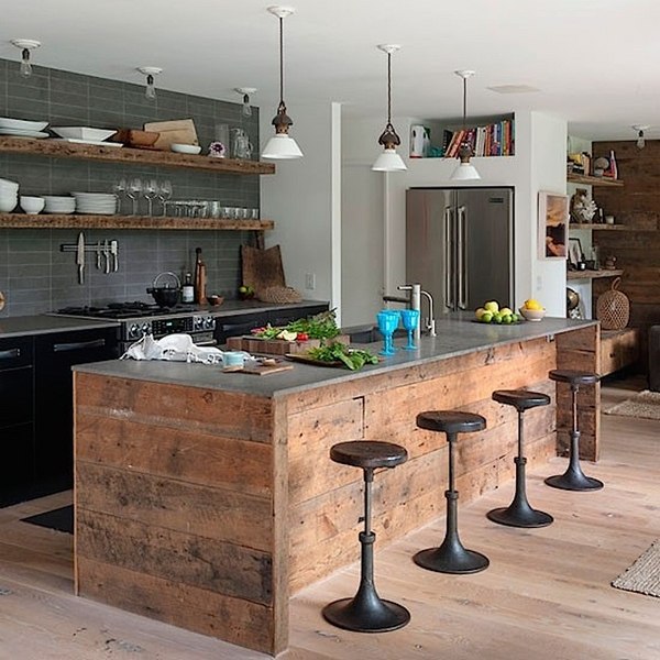 modern industrial kitchen design ideas wood kitchen island swivel bar stools wood shelves