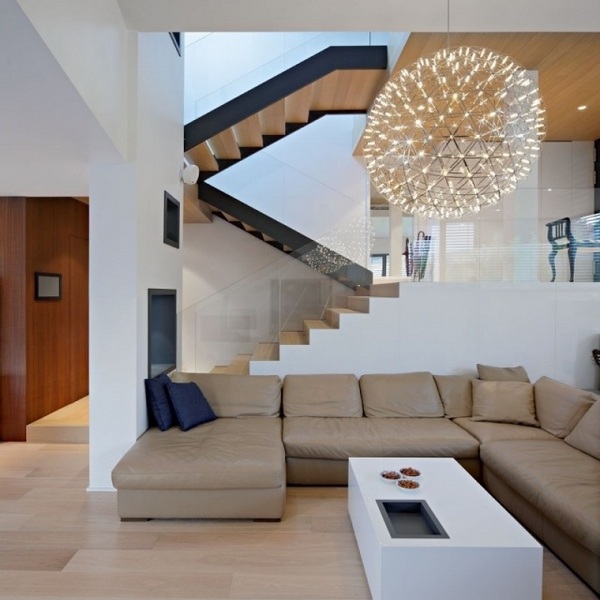 modern living room interior design leather furniture staircase large chandelier