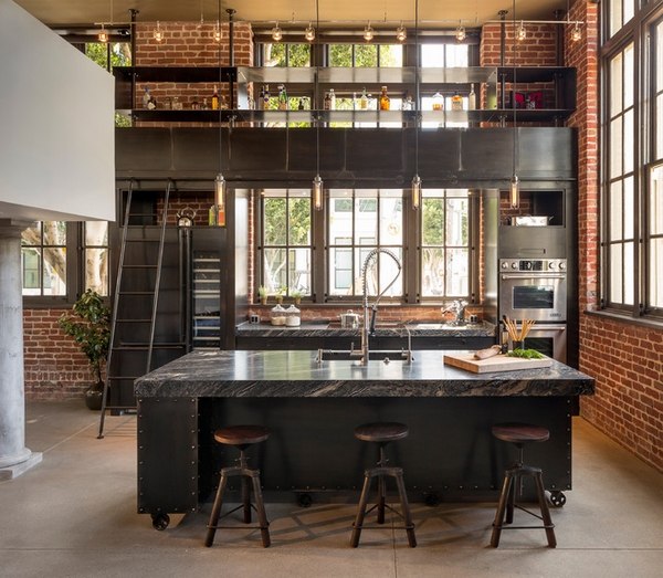 modern loft industrial kitchen design black cabinets brick walls