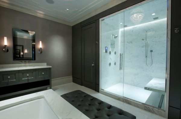 modern-master-bathroom-walk-in-shower-glass walls black vanity cabinet