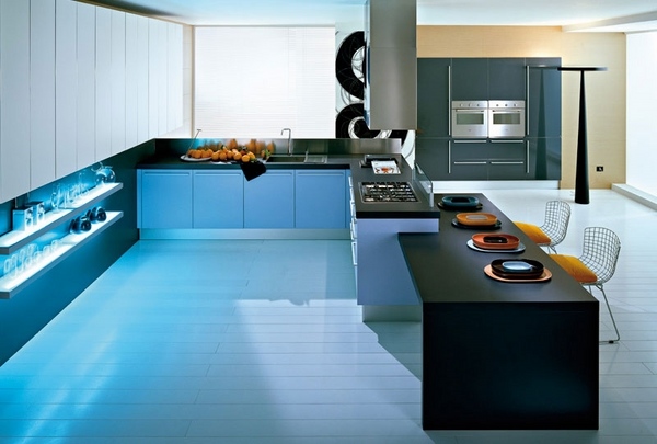 modern-modular-kitchen-white-cabinets-black-breakfast-bar-contemporary-lighting