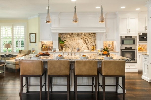 modern-white-kitchen-granite-backsplash-kitchen-island with seating