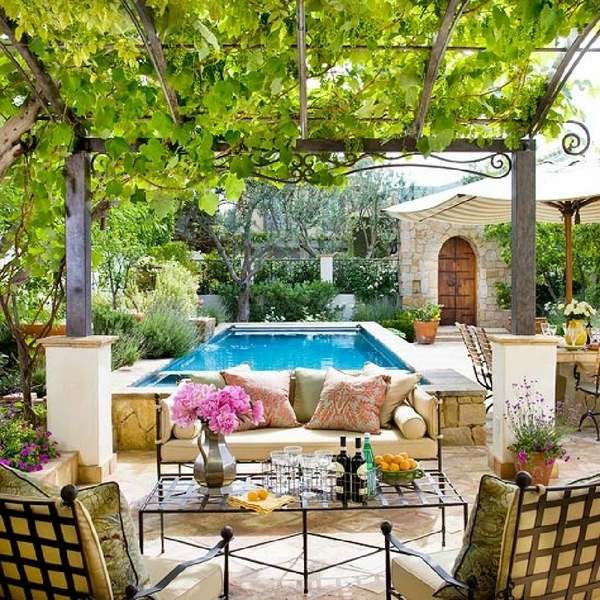 outdoor patio decor Mediterranean style backyard pool furniture plants