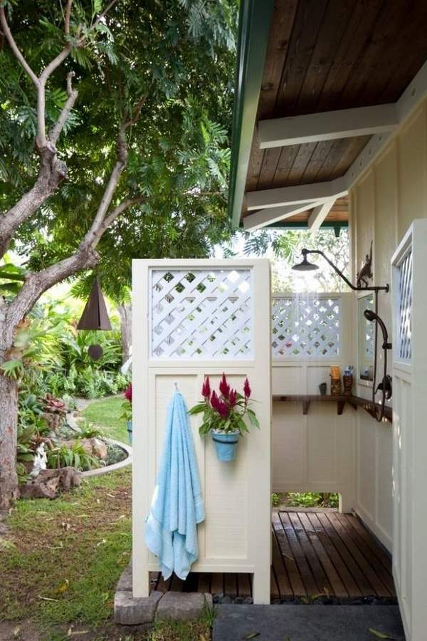 outdoor shower ideas wood screens wood flooring