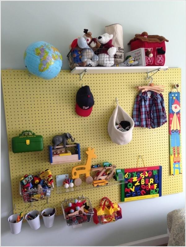 pegboard organizer-playroom-storage-ideas-DIY-toy-organizers