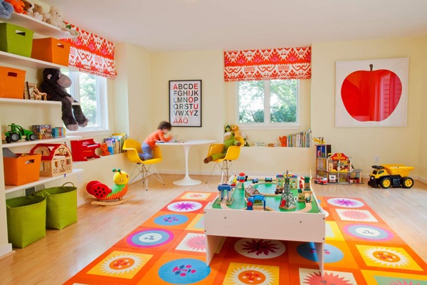 playroom-storage-ideas-floating-shelves-colorful-baskets-drawing-table