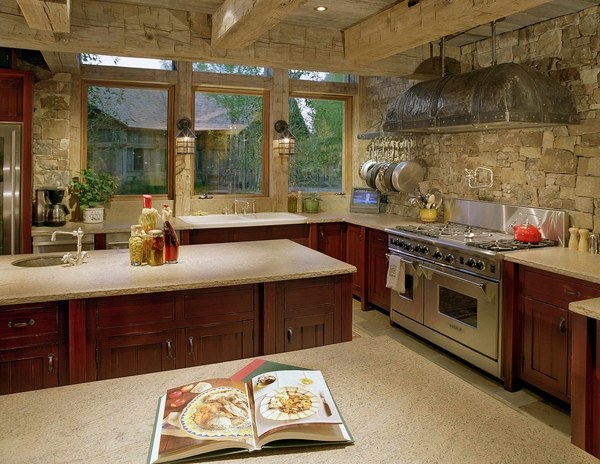 rustic kitchen stone wood cabinets kitchen island