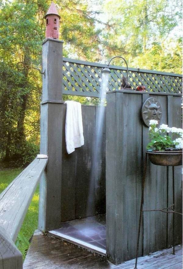 rustic outdoor shower privacy wood screens floor tiles