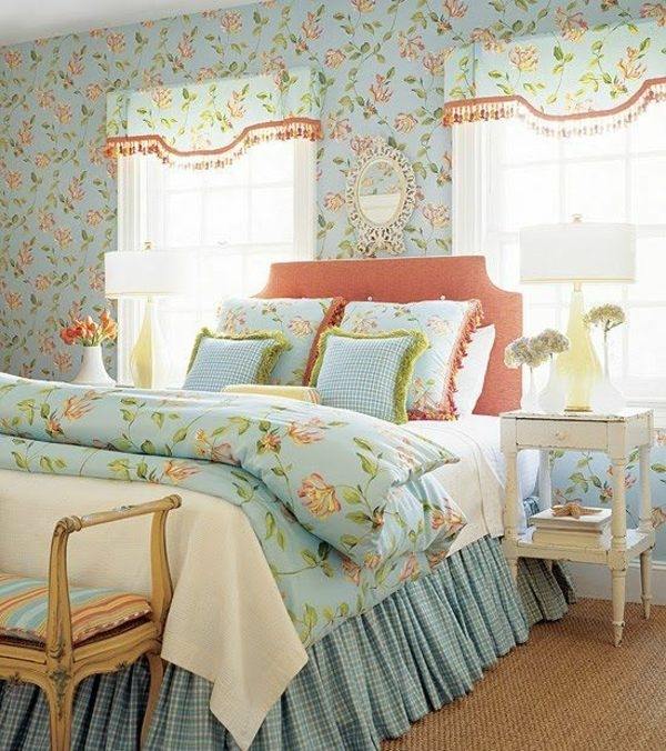 shabby-chic-bedroom-design-ideas-pastel-blue wallpapers pink headboard floral bedding set