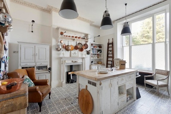 shabby-chic-kitchen-design ideas floor tiles white cabinets leather armchair