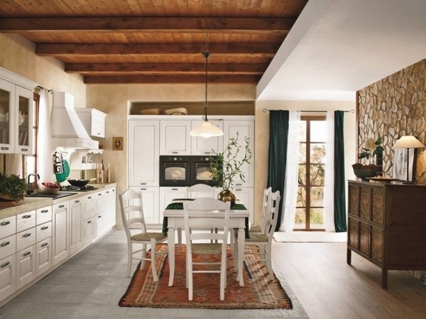shabby-chic-kitchen-decor natural stone wall white cabinets ceiling beams