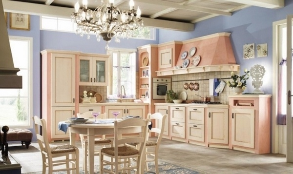 shabby-chic-kitchen-decor-pastel-colors-pink-blue-chandelier-wooden-table