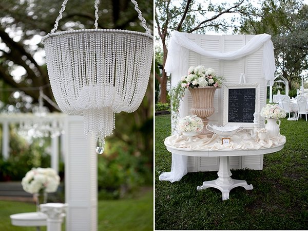 shabby-chic romantic wedding decor ideas crystal chandelier place cards