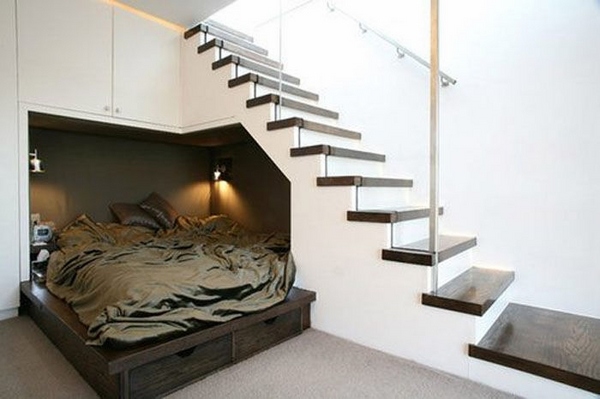 small bedroom white brown colors staircase transparent banisters