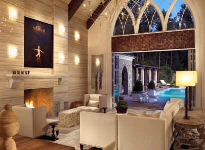 spectacular-living-room-interior-design-cathedral-ceiling-beadboard-exposed-beams-iron-chandeliers