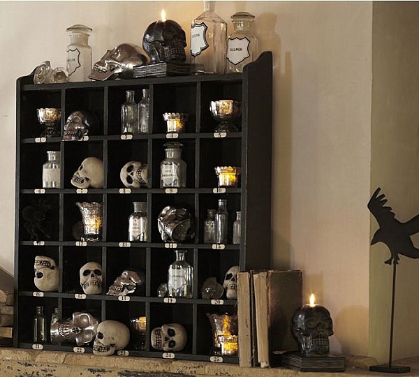 spooky-halloween-decorating-ideas-vintage-style-halloween-decor-shelf-skulls