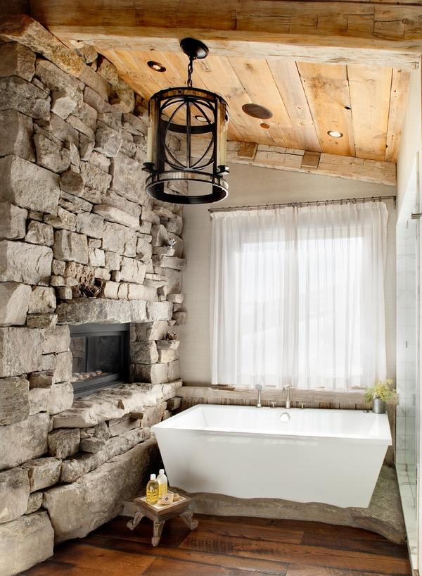 stone fireplace design ideas rustic bathroom wood floor iron lantern chandelier