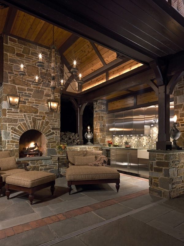  rustic stone decor ideas candle chandelier wooden beams