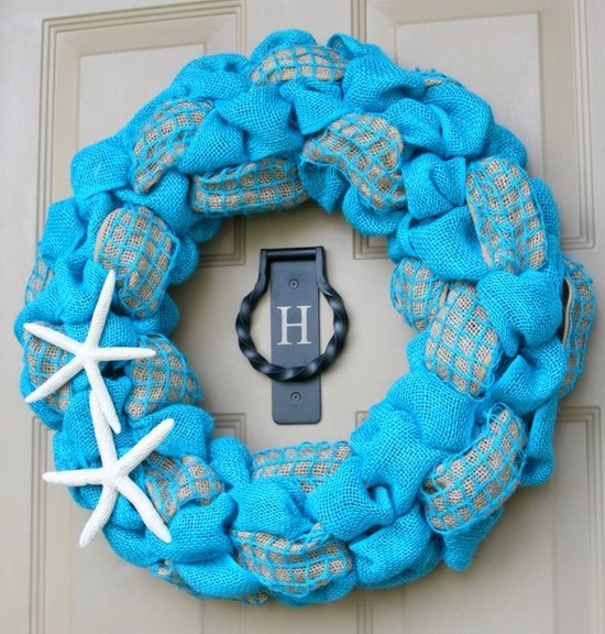 summer burlap wreath ideas blue burlap starfish DIY