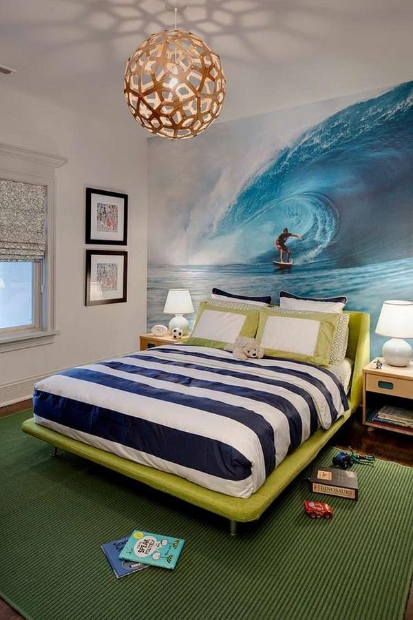 teen-bedroom-decor-accent-wall-ideas-surf-photo-wallpaper-green-bed