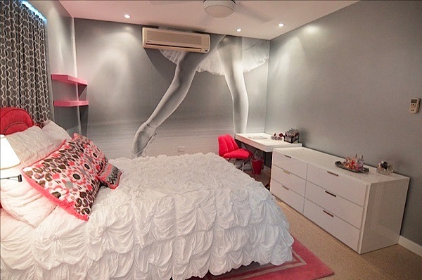 teen girl bedroom ideas accent wall ballerina dancer white bedding pink accent pillows