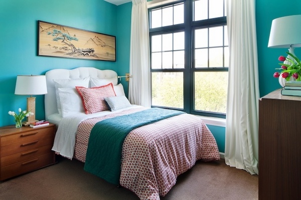 trend-in-bedroom-paint-teal hues white curtains side lamps