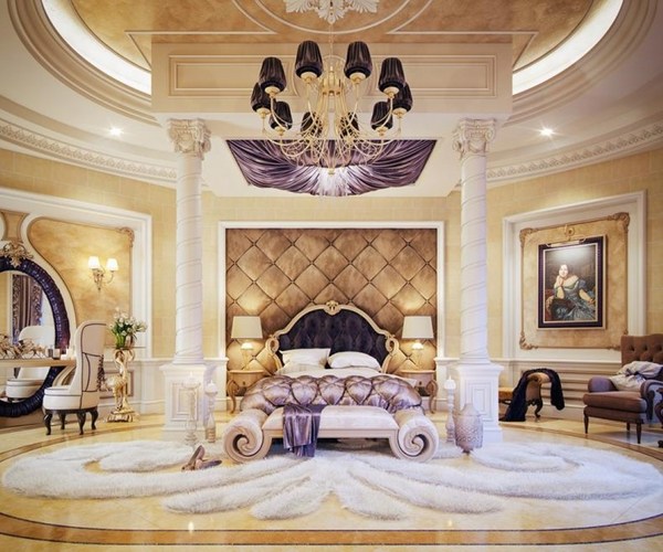 unique master bedroom large round chandelier white carpet purple accents