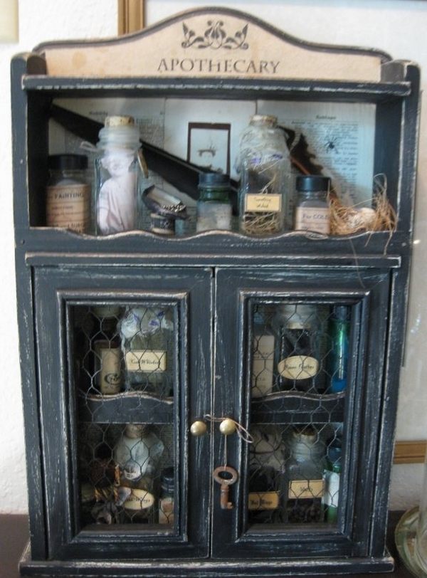 vintage-halloween-decorations-apothecary cupboard rusty key old jars