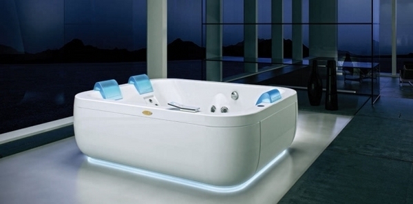 white acrylic whirlpool bathtub blue headrest LED lighting