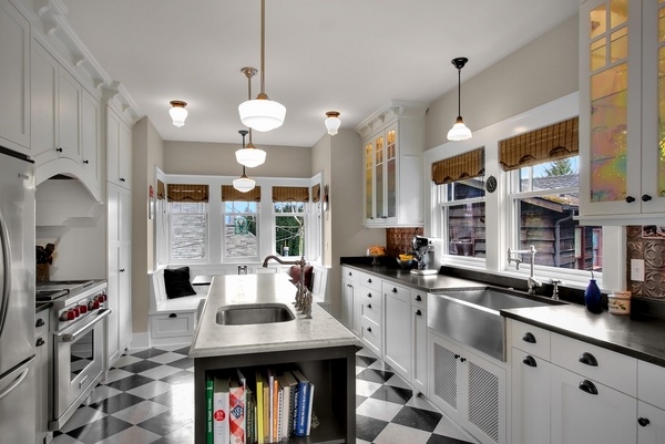 white kitchen design black white linoleum floor tiles