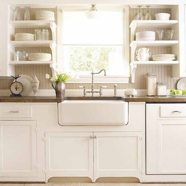 white kitchen farmhouse sink open shelves beadboard kitchen backsplash