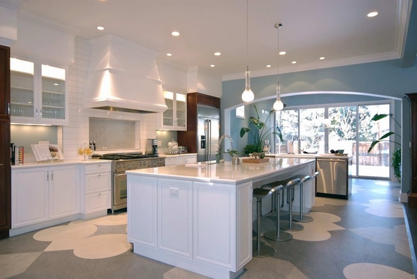 white kitchen blue white floor design linoleum floor pros cons