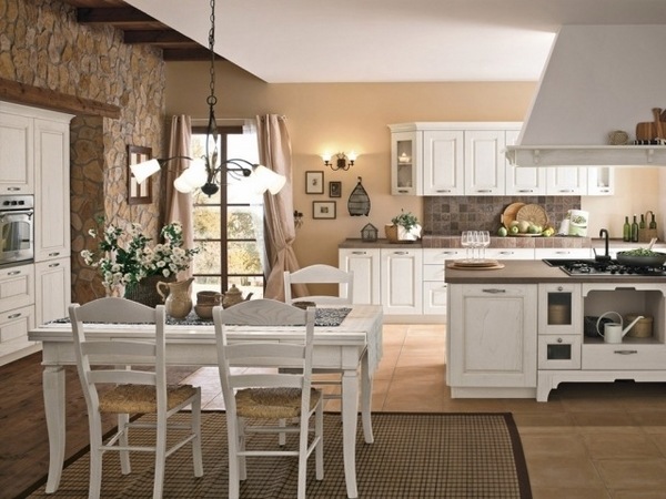 white-kitchen-shabby-chic-decor wooden dining furniture set stone wall