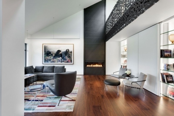 living room black fireplace sofa