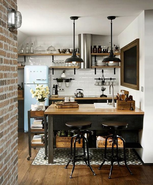 9-b-loft-industrial kitchen brick wall wood floor open shelves vintage furniture