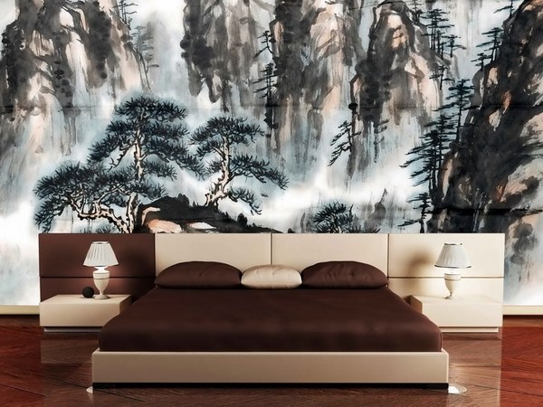 Asian themed bedroom design spectacular wall decoration low bed neutral colors