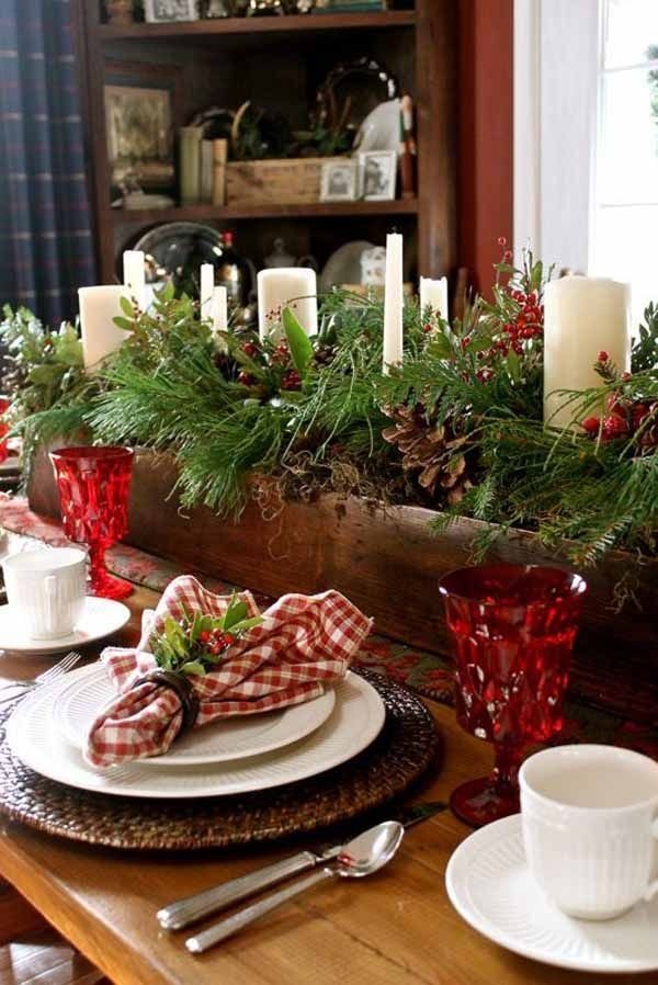 Christmas decoration table centerpiece wooden box fir branches 
