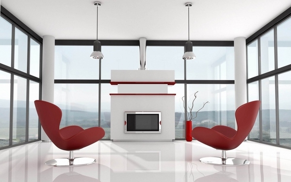 Contemporary minimalist design white floor fireplace modern red chairs
