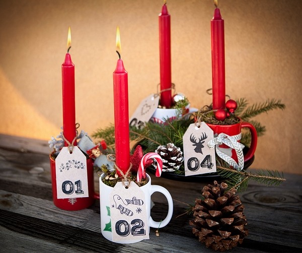  red candles coffee mugs pine cones candy canes