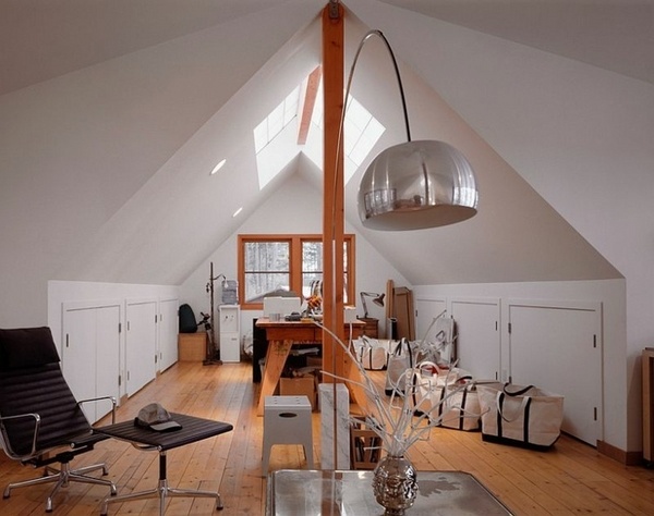 Home office skylight attic room design ideas built in cabinets armchair