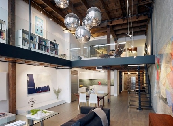 Industrial style loft decor ideas exposed ceiling beams modern lighting