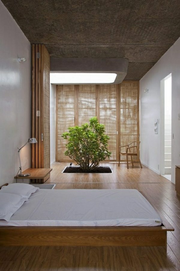Japanese style bedroom interior wood floor Bonsai tree minimalist bedroom ideas