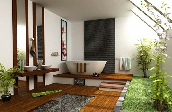 Japanese style house bathroom design ideas wood flooring freestanding tub trees