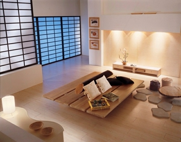 Japanese style living room furniture ideas low coffee table floor cushions