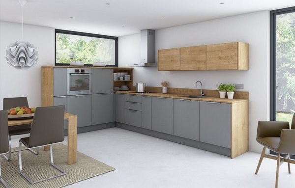 L shaped kitchen oak cabinets gray fronts modern handleless cabinets