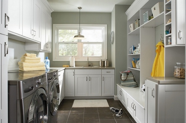 Laundry room mudroom combinations white cabinetry open shelves 