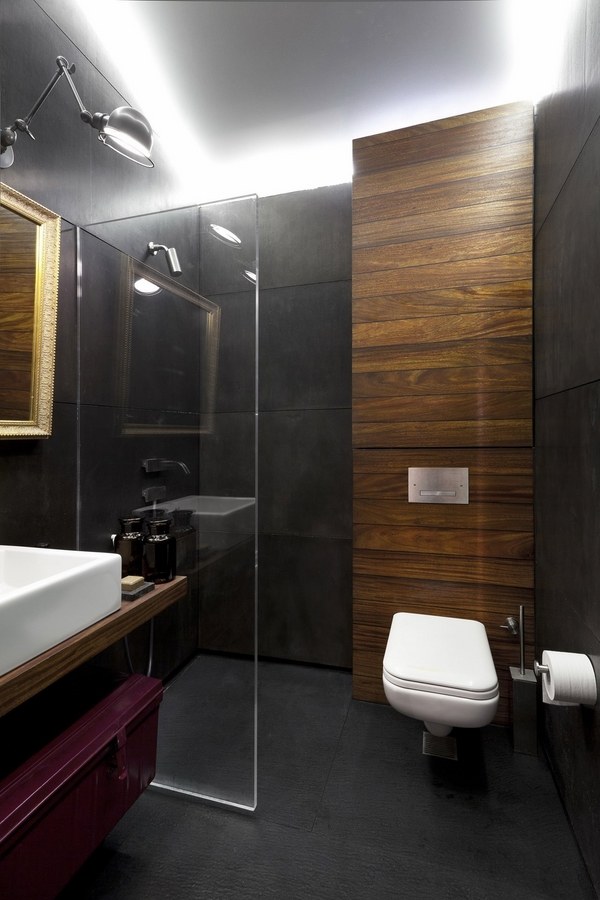 Loft 9b Sofia minimalist bathroom interior wood vanity concrete wall panels