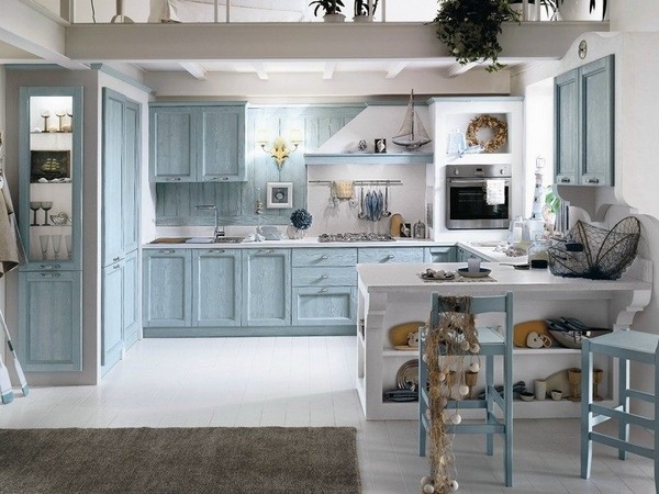 Mediterranean blue white interior wood cabintes