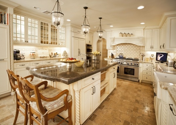 Mediterranean design ideas tile flooring white kitchen cabinets 